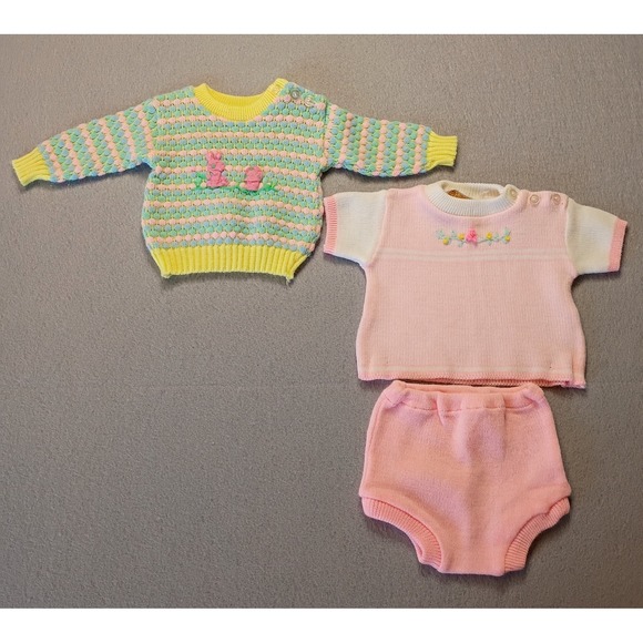 Vintage Baby Knit Sweater and Outfit Yellow Easter Spring Pink Yellow 0-6 3-6 Mo - Picture 1 of 10